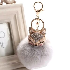 NEW Fox Head Pearl Rhinestones Fluffy Keychain Key Ring Bag Charm Gray